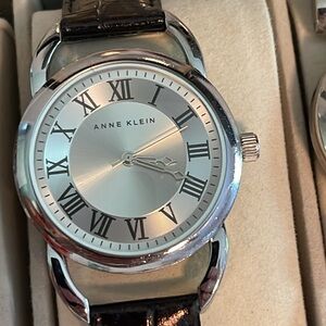 Women's Anne Klein Watch- Silver Tone With Black Leather Band
